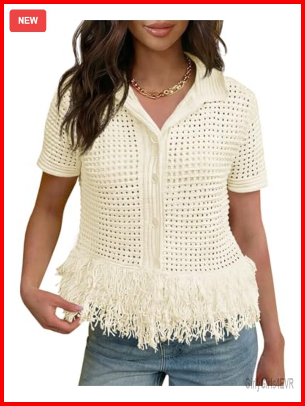 Crochet Knit Cardigan Short Sleeve Fringe Button Down Boho